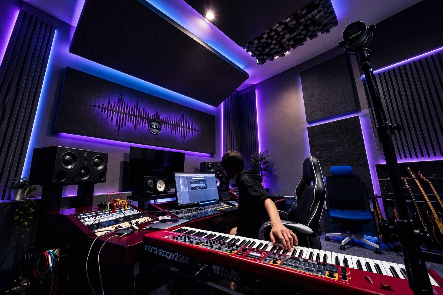 ห้องอัดเสียงในแสงสีม่วง: วิศวกรเสียงที่โต๊ะมิกซ์ และคีย์บอร์ด Nord Stage 2 EX ด้านหน้า